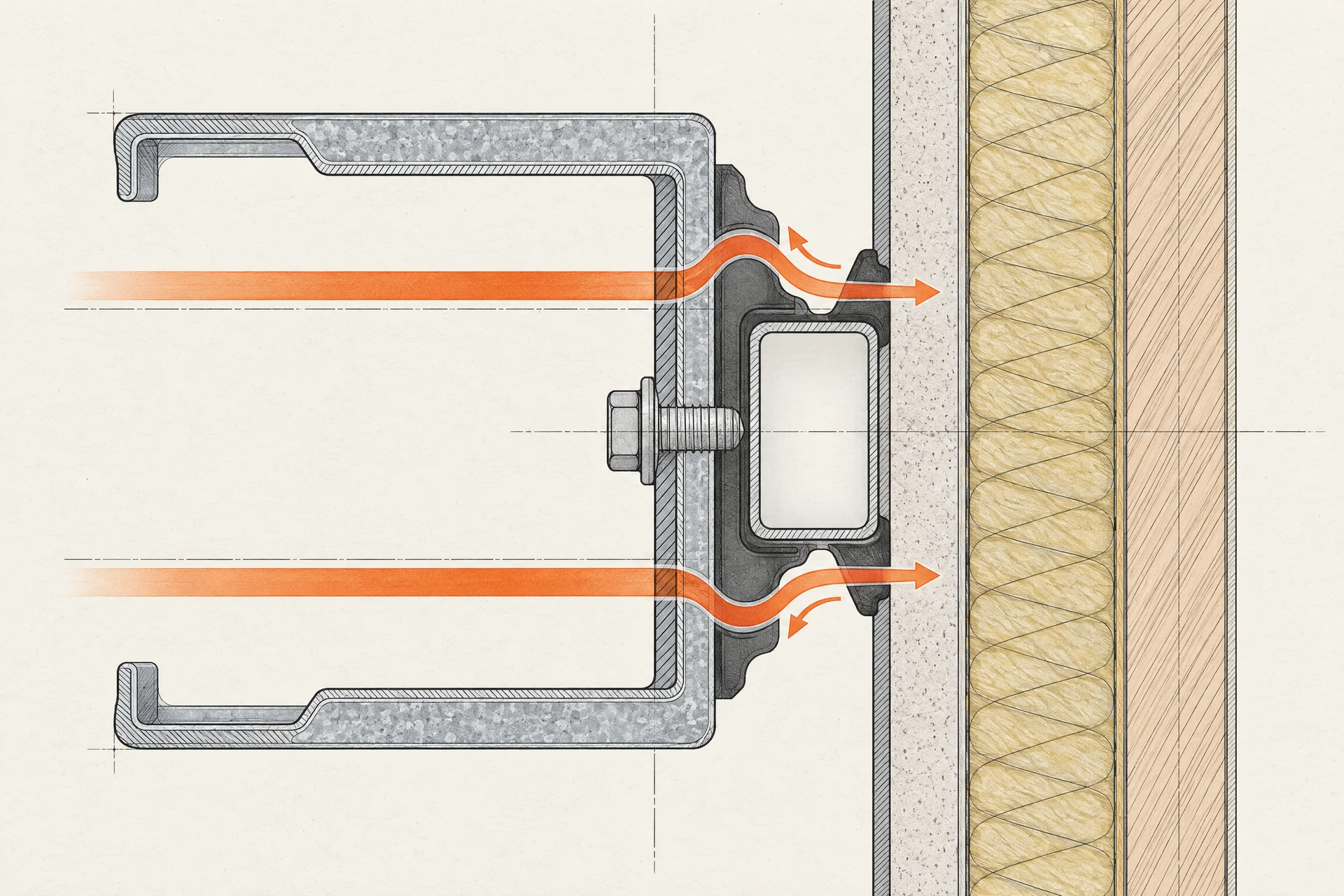 Corte técnico de un perfil de acero galvanizado con la cinta elastomérica y la cámara de aire que interrumpen el paso del calor