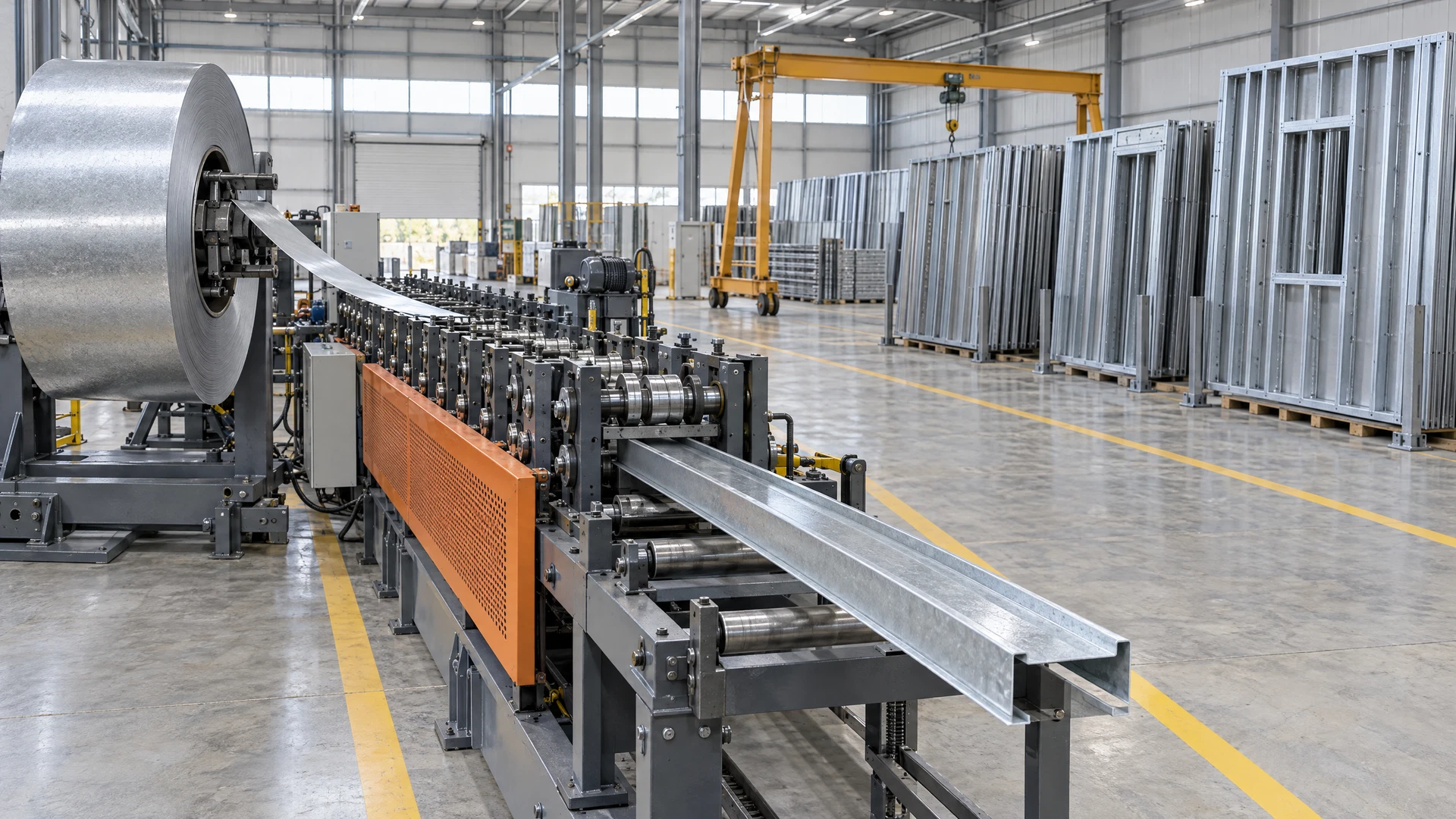 Interior de una planta de prefabricación de perfiles de acero galvanizado, con paneles terminados apilados al fondo
