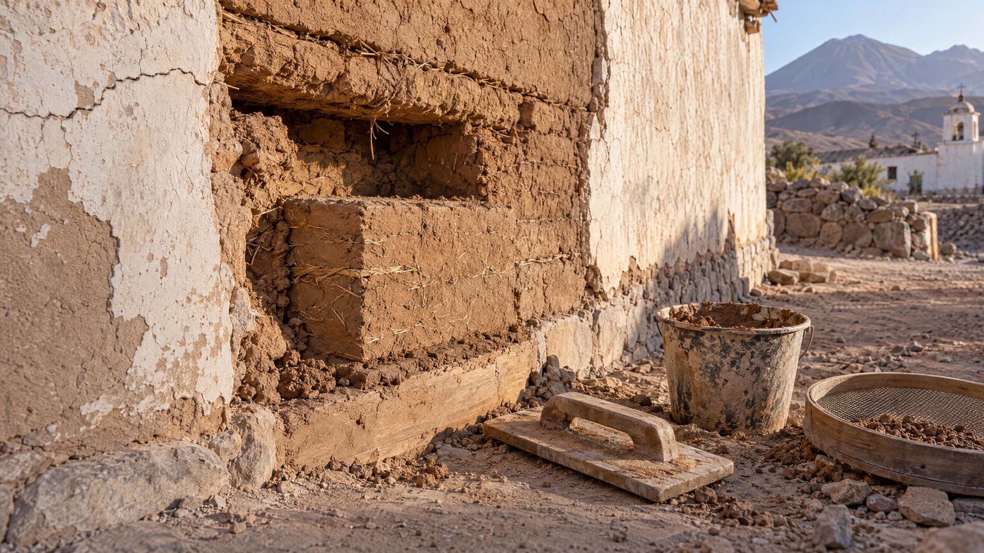 Muro de adobe en reparación, con un sector abierto que muestra la masa de tierra y un bloque de tierra estabilizada siendo repuesto