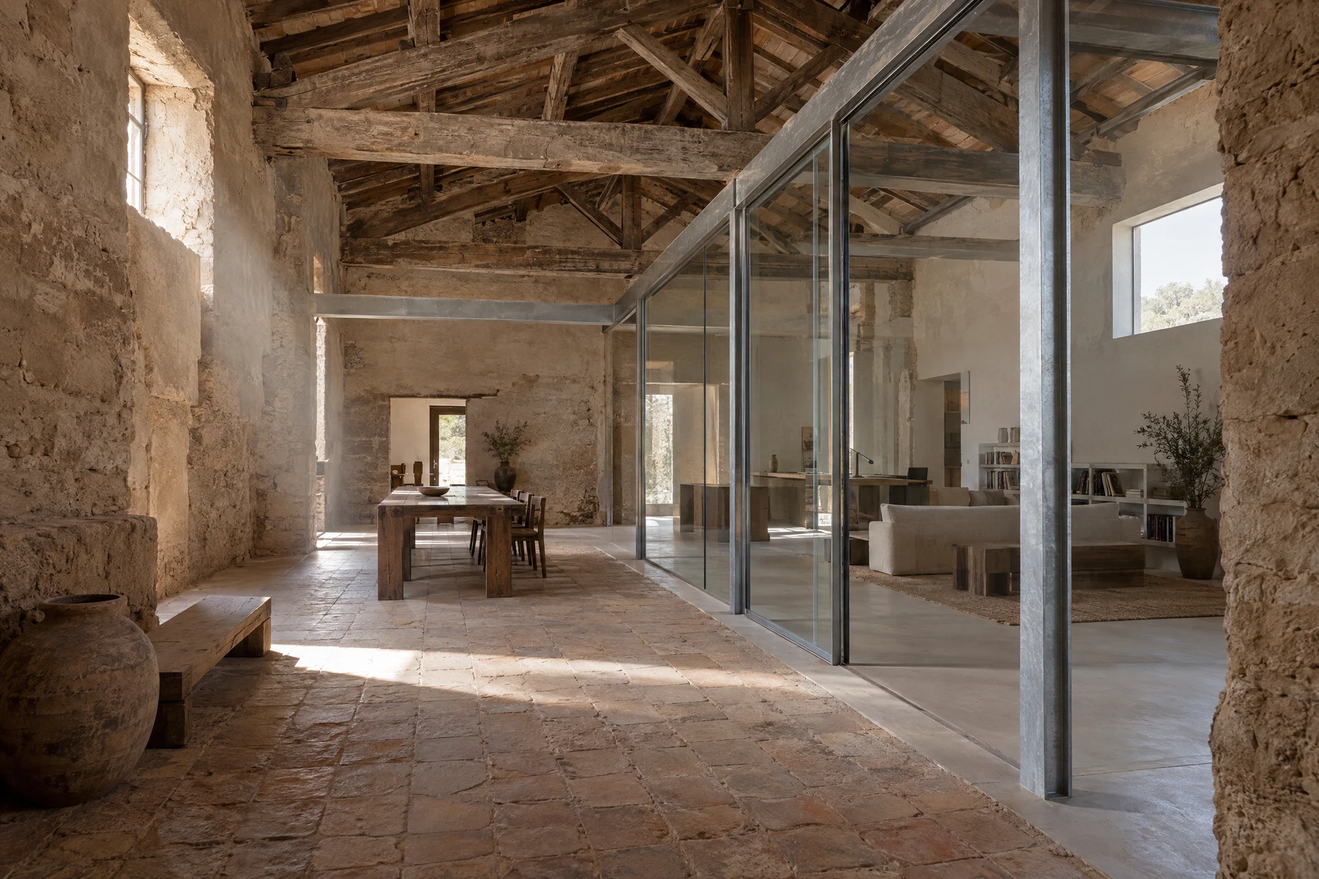 Interior de un edificio antiguo de tierra y madera con estructura liviana de acero y una tabiquería de vidrio insertadas de forma legible