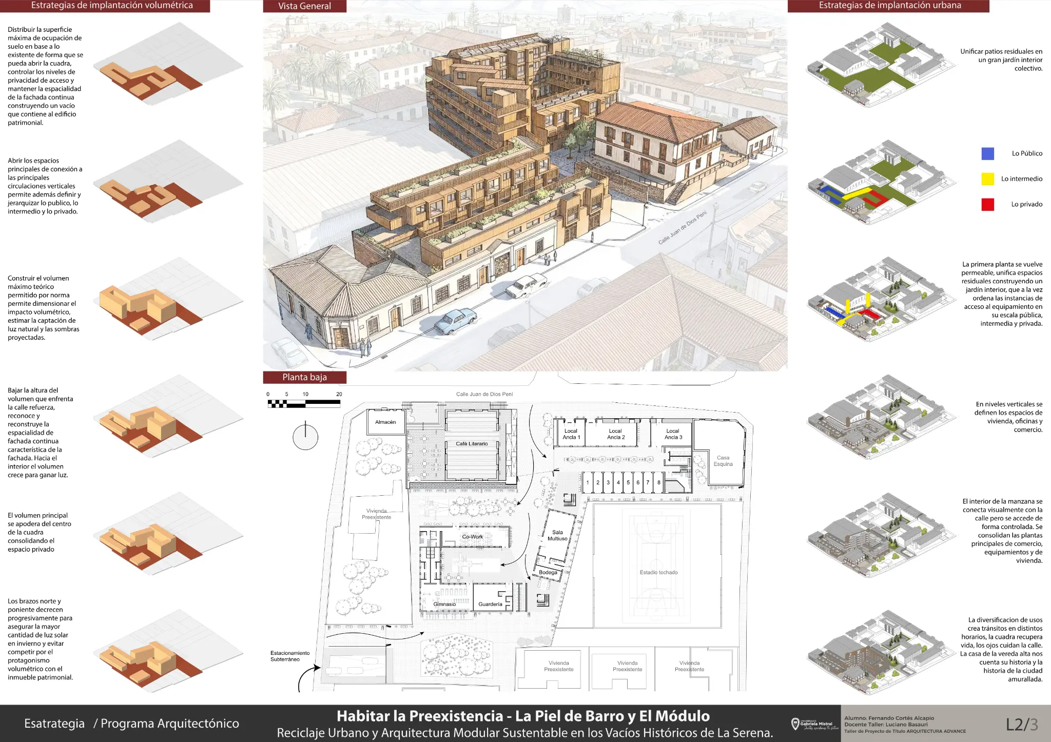 Estrategia de implantación y programa: patio interior colectivo, volumetría escalonada y plantas de uso mixto. Lámina del proyecto de título de Fernando Cortés Alcapio.