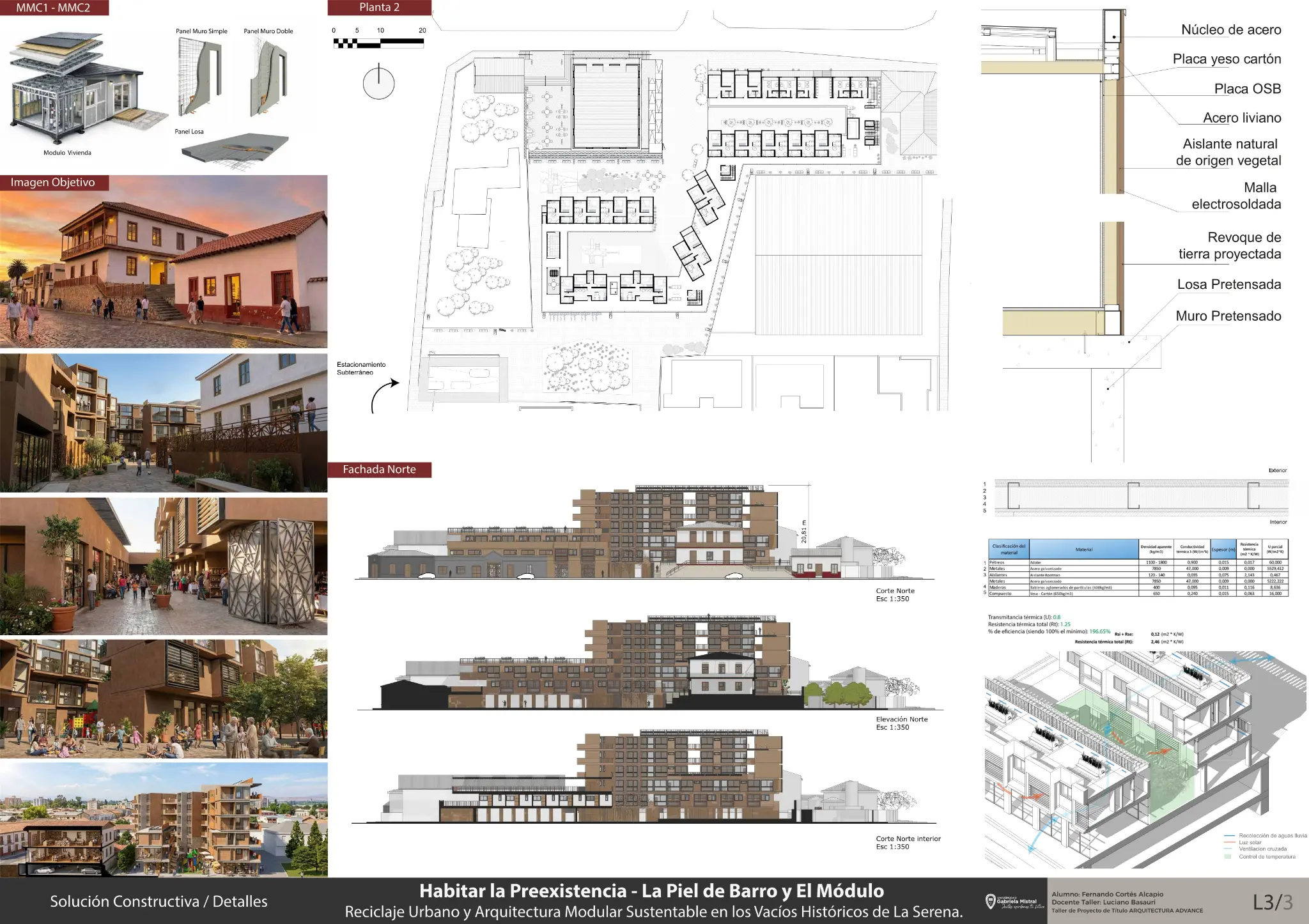 Solución constructiva: módulo de vivienda, panel de muro simple y doble, y detalle del núcleo de acero con revoque de tierra proyectada. Lámina del proyecto de título de Fernando Cortés Alcapio.